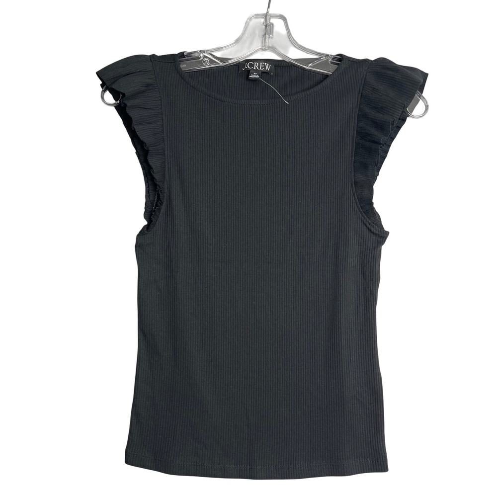 J. Crew Vintage Rib Ruffle Tank Top Womens XS Black Classic Preppy Feminine